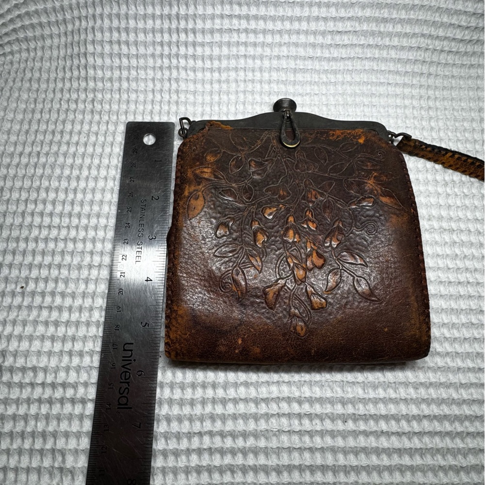 Antique 1900s Hand Tooled Leather Purse Art Nouveau Floral Frame Bag - Picture 4 of 8